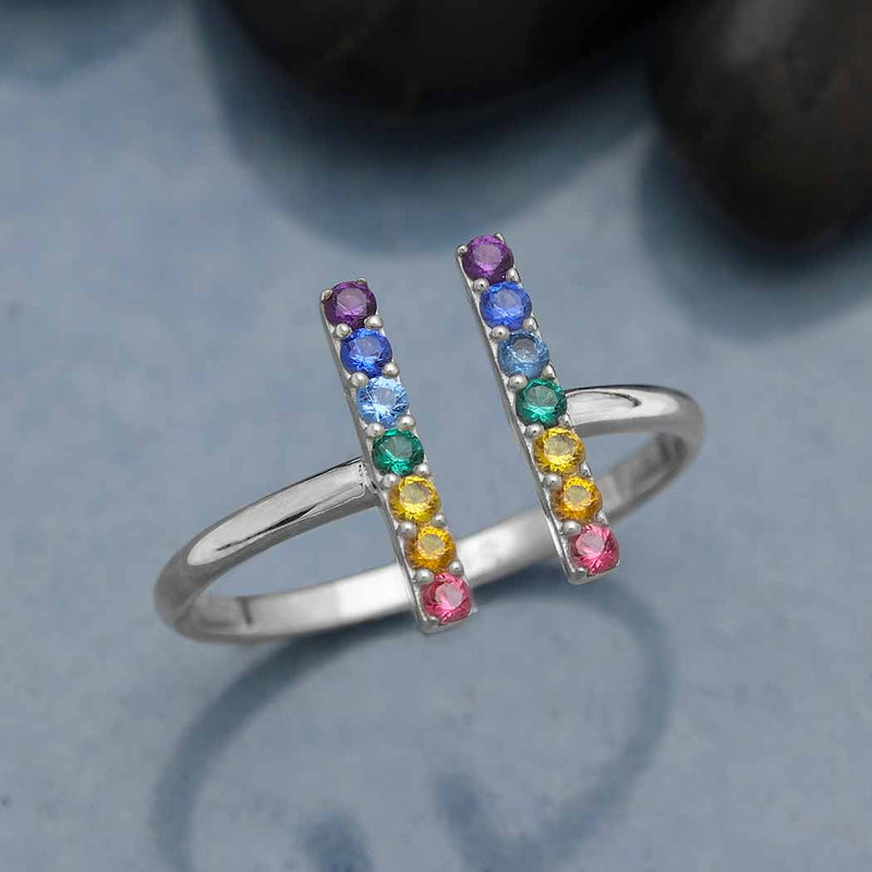 Adjustable Rainbow Bar Ring – Sterling Silver with Nano Gems