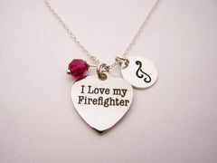 I Love My Firefighter Necklace – Personalized Sterling Silver Jewelry with Initial & Birthstone or Pearl