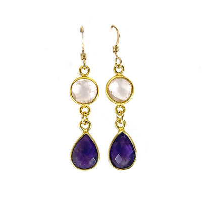 Clear Quartz & Amethyst Bezel Drop Earrings – 14k Gold Filled – Handmade in Raleigh NC – 1.5
