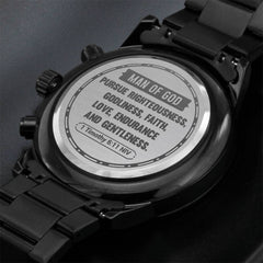 Engraved Black Chronograph Watch – Personalized Stainless Steel (1 Timothy 6:11)