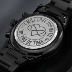 Engraved Black Chronograph Watch – Personalized Men's Stainless Steel Gift (End of Time)