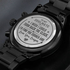 Engraved Charcoal Black Chronograph Watch – Personalized Men's Stainless Steel Gift (Soulmate)