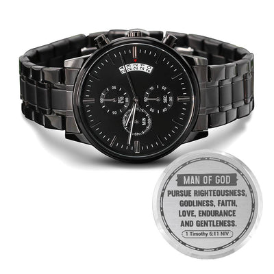 Engraved Black Chronograph Watch – Personalized Stainless Steel (1 Timothy 6:11)