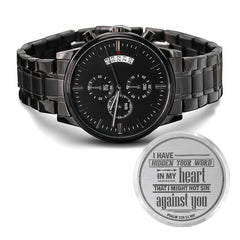 Men's Stainless Steel Engraved Black Chronograph Watch – (Psalm 119:11)
