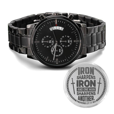 Engraved Stainless Steel Black Chronograph Watch (Proverbs 27:17)