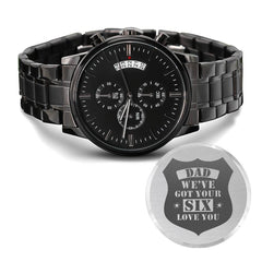 Engraved Black Chronograph Watch – Personalized Men's Stainless Steel Timepiece (Dad - We've got your Six)