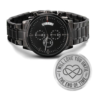 Engraved Black Chronograph Watch – Personalized Men's Stainless Steel Gift (End of Time)