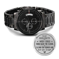 Engraved Charcoal Black Chronograph Watch – Personalized Men's Stainless Steel Gift (Soulmate)