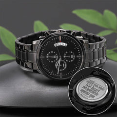 Men's Stainless Steel Engraved Black Chronograph Watch – (Psalm 119:11)
