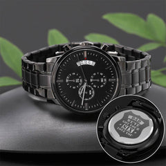 Engraved Black Chronograph Watch – Personalized Men's Stainless Steel Timepiece (Dad - We've got your Six)