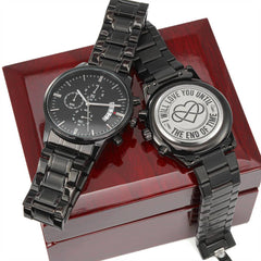 Engraved Black Chronograph Watch – Personalized Men's Stainless Steel Gift (End of Time)