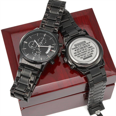 Engraved Black Chronograph Watch – Personalized Men's Stainless Steel Timepiece (I Timothy 4:8)