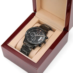 Men's Stainless Steel Engraved Black Chronograph Watch – (Psalm 119:11)