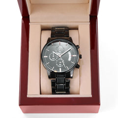Men's Stainless Steel Engraved Black Chronograph Watch – (Psalm 119:11)