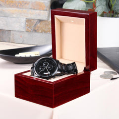 Engraved Black Chronograph Watch – Stainless Steel Timepiece (Mark 10:43)
