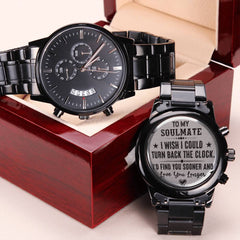 Engraved Charcoal Black Chronograph Watch – Personalized Men's Stainless Steel Gift (Soulmate)