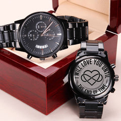 Engraved Black Chronograph Watch – Personalized Men's Stainless Steel Gift (End of Time)