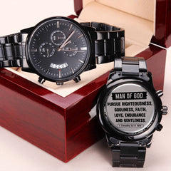 Engraved Black Chronograph Watch – Personalized Stainless Steel (1 Timothy 6:11)