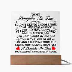 Square Acrylic Plaque – Custom LED Lighted Display with Wooden Base (Daughter-in-Law)
