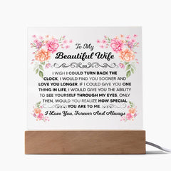 Square Acrylic Plaque – Custom LED Lighted Display with Wooden Base (Wife)