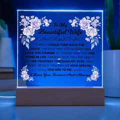 Square Acrylic Plaque – Custom LED Lighted Display with Wooden Base (Wife)