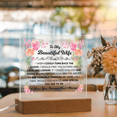 Square Acrylic Plaque – Custom LED Lighted Display with Wooden Base (Wife)
