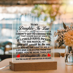 Square Acrylic Plaque – Custom LED Lighted Display with Wooden Base (Daughter-in-Law)