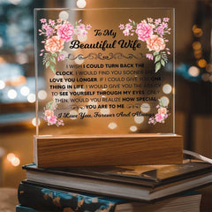 Square Acrylic Plaque – Custom LED Lighted Display with Wooden Base (Wife)