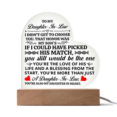 Heart Acrylic Plaque – Custom LED Lighted Display with Wooden Base (Daughter-in-Law)
