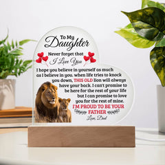 Heart Acrylic Plaque – Custom LED Lighted Display with Wooden Base (Daughter)