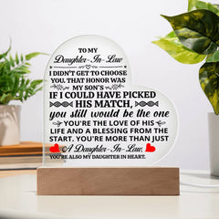 Heart Acrylic Plaque – Custom LED Lighted Display with Wooden Base (Daughter-in-Law)
