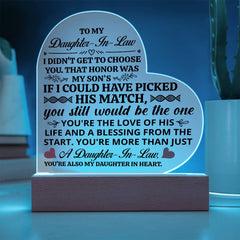 Heart Acrylic Plaque – Custom LED Lighted Display with Wooden Base (Daughter-in-Law)