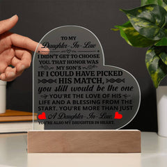 Heart Acrylic Plaque – Custom LED Lighted Display with Wooden Base (Daughter-in-Law)