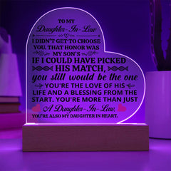 Heart Acrylic Plaque – Custom LED Lighted Display with Wooden Base (Daughter-in-Law)