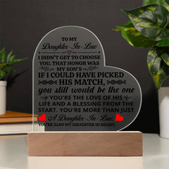 Heart Acrylic Plaque – Custom LED Lighted Display with Wooden Base (Daughter-in-Law)