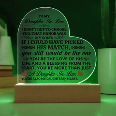 Heart Acrylic Plaque – Custom LED Lighted Display with Wooden Base (Daughter-in-Law)