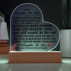 Heart Acrylic Plaque – Custom LED Lighted Display with Wooden Base (Daughter-in-Law)