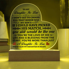Heart Acrylic Plaque – Custom LED Lighted Display with Wooden Base (Daughter-in-Law)