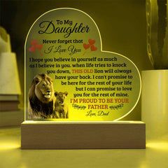 Heart Acrylic Plaque – Custom LED Lighted Display with Wooden Base (Daughter)
