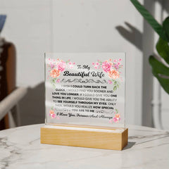 Square Acrylic Plaque – Custom LED Lighted Display with Wooden Base (Wife)