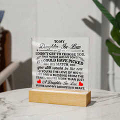 Square Acrylic Plaque – Custom LED Lighted Display with Wooden Base (Daughter-in-Law)