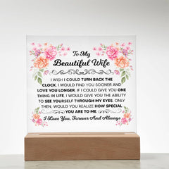 Square Acrylic Plaque – Custom LED Lighted Display with Wooden Base (Wife)