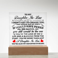 Square Acrylic Plaque – Custom LED Lighted Display with Wooden Base (Daughter-in-Law)