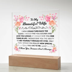 Square Acrylic Plaque – Custom LED Lighted Display with Wooden Base (Wife)
