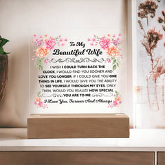 Square Acrylic Plaque – Custom LED Lighted Display with Wooden Base (Wife)