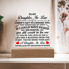 Square Acrylic Plaque – Custom LED Lighted Display with Wooden Base (Daughter-in-Law)