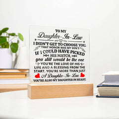 Square Acrylic Plaque – Custom LED Lighted Display with Wooden Base (Daughter-in-Law)