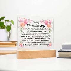 Square Acrylic Plaque – Custom LED Lighted Display with Wooden Base (Wife)