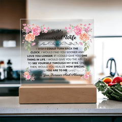 Square Acrylic Plaque – Custom LED Lighted Display with Wooden Base (Wife)