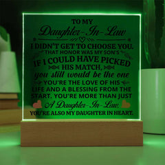 Square Acrylic Plaque – Custom LED Lighted Display with Wooden Base (Daughter-in-Law)